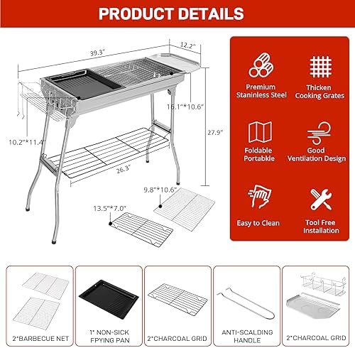 Karl home Portable Charcoal Grill, 39 x 12x 28" Foldable Barbecue Grill, Stainless Steel BBQ Grill for Cooking Outdoor Camping Garden Beach Party Hiking Picnic(Large)