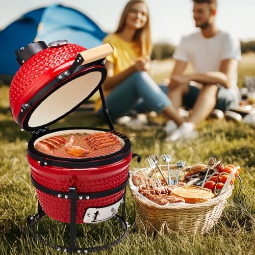 Outvita 13" Round Kamado Charcoal Grill, Portable, Red