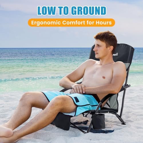 Lamberia Folding Beach Chair for Adults 2 Pack, Portable Low Beach Chairs with 300lbs Capacity, Lightweight Fodable Camping Chair for Travel, Picnic, Concert & Outdoor Activities,Black-Grey