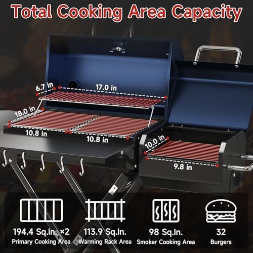 Portable Charcoal Grill with Smoking Function, Foldable Suitcase Design with Wheels, Multi-Tier Storage Rack & Waterproof Cover for Outdoor BBQ Parties (Blue)