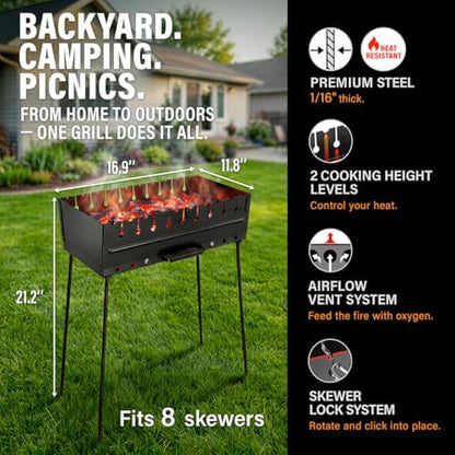 Charcoal Grill for 8 Skewers - Portable Barbecue 16.9"×11.8"×23.6" Kabob Camp Grills - Foldable Metal Mangal - Kebab Shish - BBQ for EDC Picnic Outdoor Cooking Camping Hiking (Skewers Not Included)