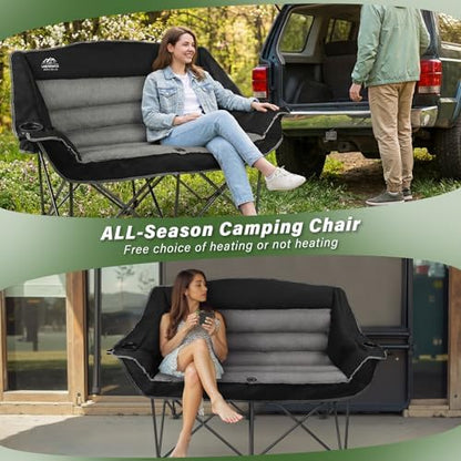 Fully Padded Folding Double Camping Chairs,Comfy Oversized Loveseat Lawn Chair w/Wine Glass Holder,Cup Holder,Heavy Duty Outdoor Portable Camp Couch Support 600 Lbs,Black