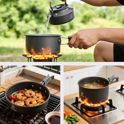 Camping Cookware Set 17 pcs Camping Cooking 0.30G Kettle 0.45G Pot 7 in Pan and 2pcs Stainless Steel Cups Plates Forks Knives Spoons Bag for 1-2 People Backpacking Hiking Picnic
