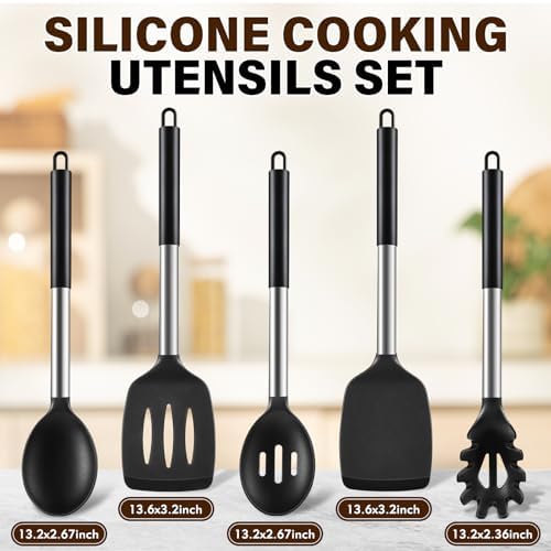 5Pcs Silicone Cooking Utensils Set, Heat Resistant Kitchen Tools Include Solid&Slotted Spatula, Cooking Spoon and Pasta Server, Silicone Kitchen Utensils set for Nonstick Cookware Flipping, Black