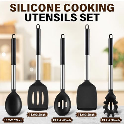 5Pcs Silicone Cooking Utensils Set, Heat Resistant Kitchen Tools Include Solid&Slotted Spatula, Cooking Spoon and Pasta Server, Silicone Kitchen Utensils set for Nonstick Cookware Flipping, Black