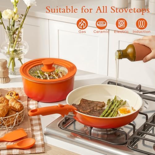 GIPP Pots and Pans Set Non Stick,Kitchen Cookware Set Detachable Handle, Non Toxic Cooking Pan Set with Frying Pans Set,RV Cookware Sets for All Stoves, Orange Gradient, 21PCS