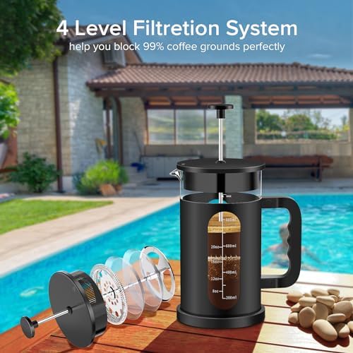 QUQIYSO French Press 34oz, Stainless Steel & Thickened Glass Coffee Press