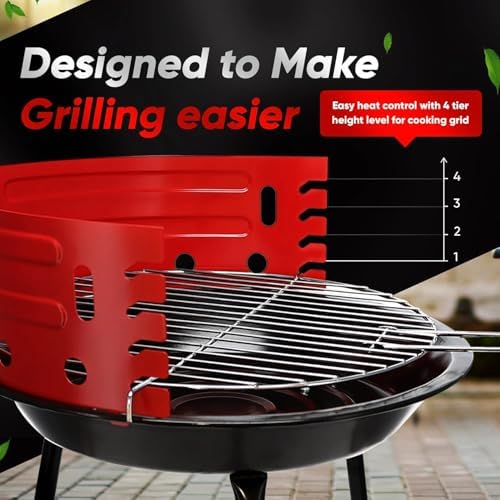 GasOne Charcoal Grill – Barbecue Grill with 4 Levels for Flame Control – Dual Venting System – Portable for Backyard, Camping, Boat, Red