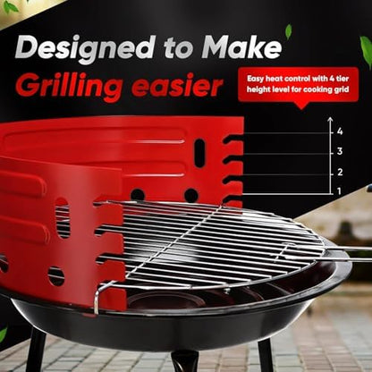 GasOne Charcoal Grill – Barbecue Grill with 4 Levels for Flame Control – Dual Venting System – Portable for Backyard, Camping, Boat, Red