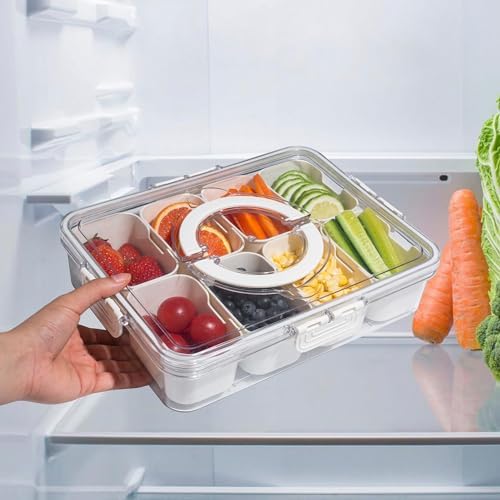 WACOI Divided Snack Serving Tray with Lid and Handle Travel Snackle Charcuterie Container Portable Storage Organizer for Candy, Fruits, Nuts, Snacks, Party, Picnic 2 Packs White