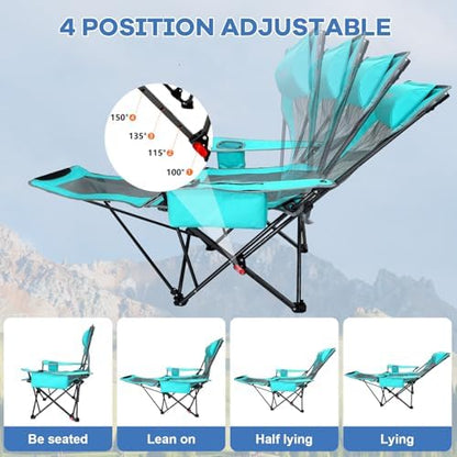 2-Pack Reclining Camping Chair 4 Position with Foot Rest Comfortable for Adults 265Ibs Folding Lounger Mesh Beach Chair with Cooler Bag and Cup Holder for Outdoor Patio