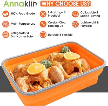 Silicone Collapsible Marinating Container with Lid for Meat, 2.64Gal/10L, Extra Large Collapsible BBQ Prep Tub, Transparent Locking Lid, XL Grill Prep Trays and Carry System, BBQ Must-Have, Orange