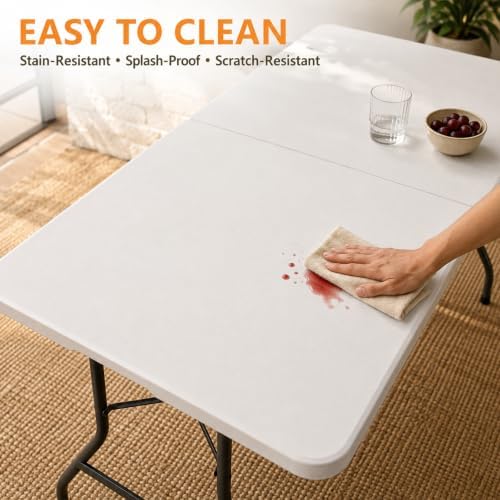 Folding Table, 5FT Portable Fold-in-Half Plastic Picnic Table, Heavy Duty Foldable Table with Carrying Handle, Ideal for Party, Camping, Craft, Dining, Wedding, Outdoor and Indoor Use