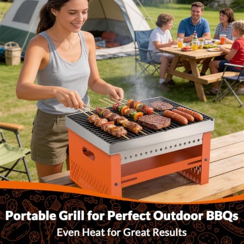 Portable Charcoal Grill, Small Tabletop BBQ, Foldable Mini Hibachi, Stainless Steel Camping Grill, Compact Outdoor Cooker for Picnic, Tailgating (Orange)