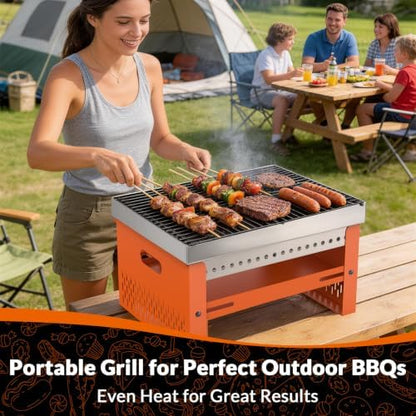 Portable Charcoal Grill, Small Tabletop BBQ, Foldable Mini Hibachi, Stainless Steel Camping Grill, Compact Outdoor Cooker for Picnic, Tailgating (Orange)
