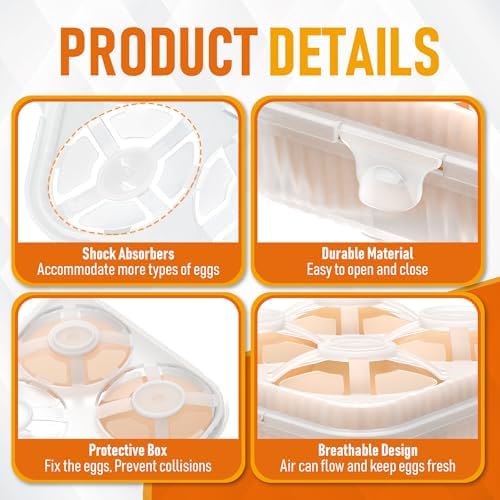 ZPU Egg Holder Camping, 2Pcs 4 Grid Egg Container, Plastic Egg Carrier for Camping Picnic Travel Outdoor Refrigerator Kitchen, Protective Egg Storage Case, Grey Orange