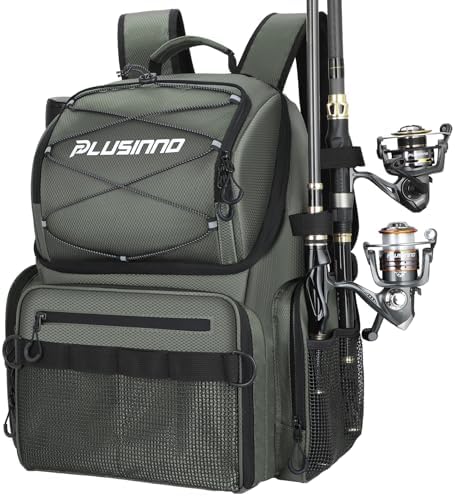 PLUSINNO Cooler Fishing Backpack with Rod Holders 45L Large Water-resistant Fishing Tackle bag Store Fishing Gear Fishing Gifts for Men Father