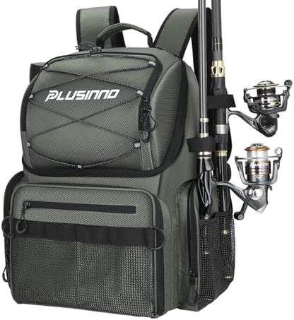PLUSINNO Cooler Fishing Backpack with Rod Holders 45L Large Water-resistant Fishing Tackle bag Store Fishing Gear Fishing Gifts for Men Father