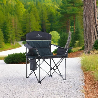 ALPHA CAMP Oversized Camping Chair Heavy Duty Lawn Chair with Cooler Bag Support 450 LBS Steel Frame Collapsible Padded Arm Quad Lumbar Back Folding Chair for Lawn Outdoor
