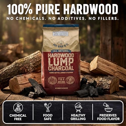 8 LB. All Natural Hardwood Lump Charcoal by Mr. Bar-B-Q - Premium Natural Charcoal for Grilling, BBQ, Smoking, Kamado & Kettle Grills - Burns Hotter & Longer - Smoky Flavor, Low Ash & Easy to Light