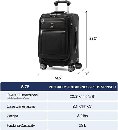 Travelpro Platinum Elite Softside Expandable Carry on Luggage, 8 Wheel Spinner Suitcase, USB Port, Laptop and Tablet Sleeves, Men and Women, Shadow Black, Carry On 20-Inch
