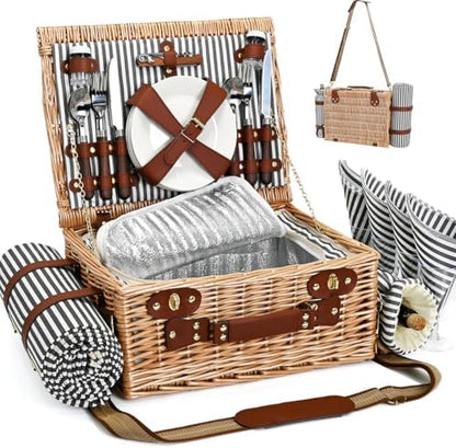 Picnic Basket with Blanket and Wine Pouch for 4, Wicker Picnic Set with Insulated Liner Cooler Bag Hamper for Camping,Wedding - Stripes