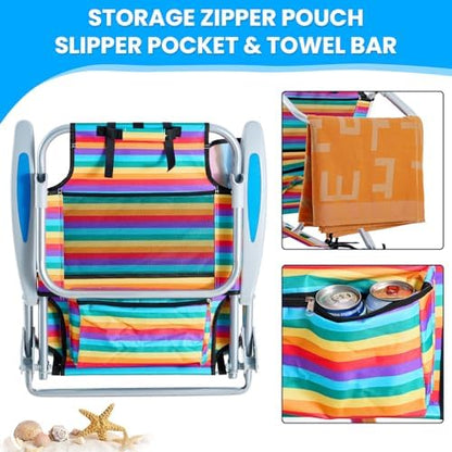 2 Pack Lightweight Portable Camping Beach Chair for Adults, Outdoor Lay Flat Folding Beach Chairs with 5 Positions, Backpack Beach Chair with Towel Bar, Zipper Pouch, Rainbow Striped