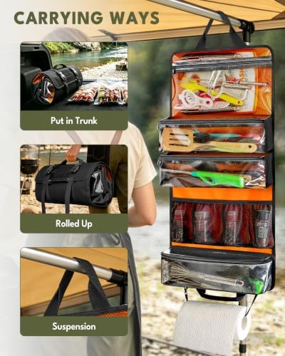 HODRANT Camping Roll Bag, Hanging Camp Kitchen Organizer with Multi Pockets