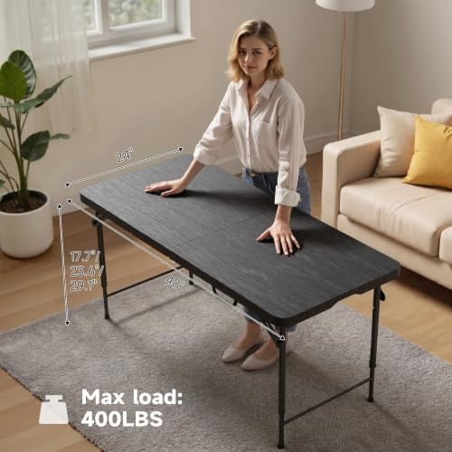 4FT Folding Table, 3 Adjustable Height & Heavy Duty, Double-Layer HDPE with Steel Legs, Foldable Table for Camping, Parties, Picnics, Black Wood Grain, 2 Pack