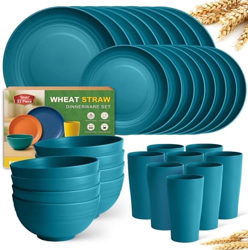 Teivio 32-Piece Plates and Bowls Sets for 8, Wheat Straw Dinnerware Sets