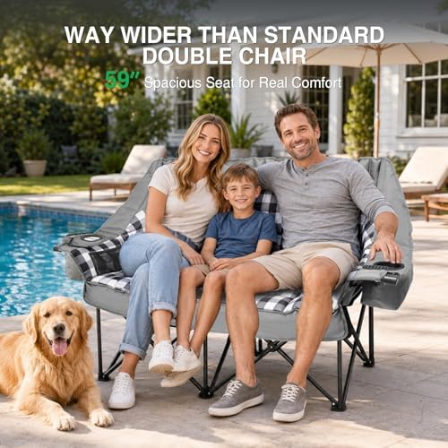 HOPERAN Double Camping Chair 800lbs Camping Couch Folding Loveseat, Grey
