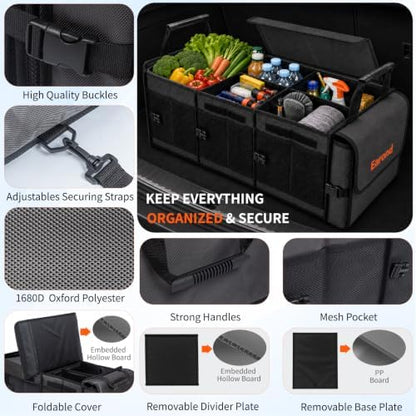 Large Trunk Organizer with Portable Leakproof Cooler Bag,Foldable Cover,Adjustable Securing Straps,Collapsible Trunk Organizer for Suv Car Truck Sedan (4-in-1 with Cooler)