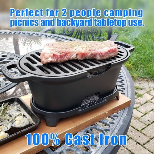 IRONMAX Mini Hibachi Grill Outdoor, Portable Small Charcoal Grill and Tabletop Cast Iron Skillet, 100% Cast Iron, Durable, Camping BBQ Grill Grate 11" x 6.7" for 2 People