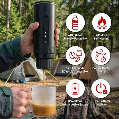 Portable Coffee Maker Electric Espresso Machine, Coffee Espresso Maker for Travel Self-Heating USB-C, Battery Powered with 7800mAh, for Ground Coffee & NS Capsule, for RV, Hiking, Office,Gifts for Men