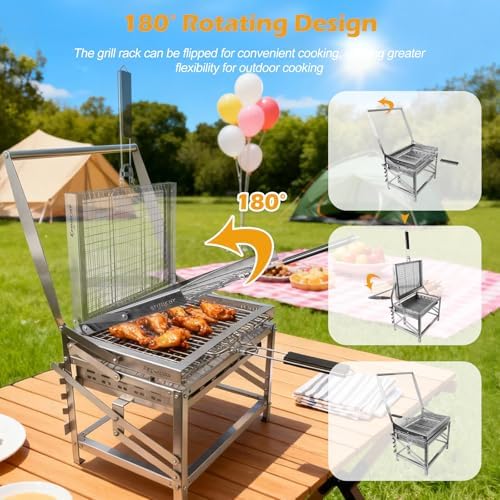 Ergocar Charcoal Grill Outdoor Multi-Function Portable Rotatable Adjustable Height 4-Tier Charcoal Tray Ideal For Outdoor Smoking, Picnics, Camping Barbecues