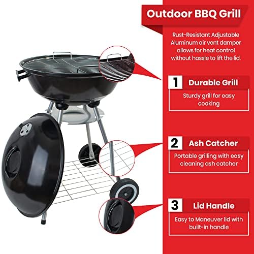 Alpine Cuisine Premium 22x33.9in Charcoal BBQ Grill Round for Outdoor Cooking, Barbecue Coal Kettle Bowl Grill Portable Heavy Duty Round with Legs Grilling for Tailgating Patio Backyard Camping,Black