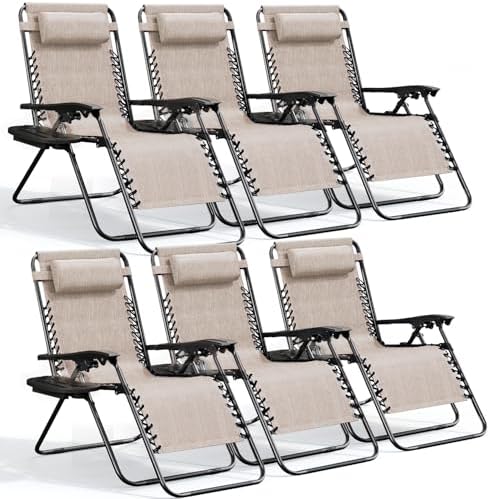 Nestl Zero Gravity Chairs Set of 6, Patio Lounge Chair Outdoor with Pillows & Cup Holder Trays, Adjustable Steel Mesh Reclining Camping Chair, Folding Patio Lawn Chair for Deck, Beach, Yard - Beige