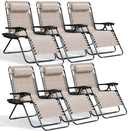 Nestl Zero Gravity Chairs Set of 6, Patio Lounge Chair Outdoor with Pillows & Cup Holder Trays, Adjustable Steel Mesh Reclining Camping Chair, Folding Patio Lawn Chair for Deck, Beach, Yard - Beige