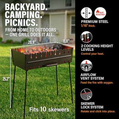 Charcoal Grill for 10 Skewers - Portable BBQ Mangal - Foldable Metal Grill for Shashlik, Kebab, Picnic, Outdoor Cooking (Skewers Not Included)