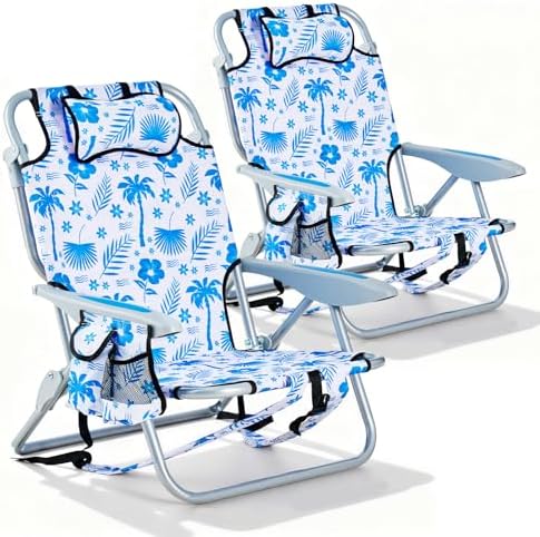 2 Pack Lightweight Portable Camping Beach Chair for Adults, Outdoor Lay Flat Folding Beach Chairs with 5 Positions, Backpack Beach Chair with Towel Bar, Zipper Pouch, Blue Coconut Tree