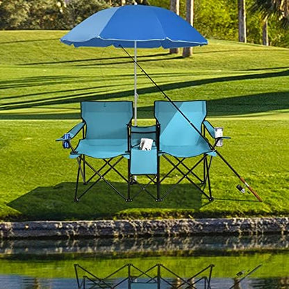 Goplus Double Camping Chairs with Umbrella, Cooler for Beach Patio