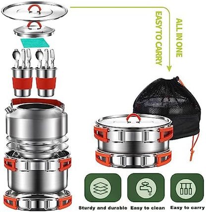304 Stainless Steel Camping Cookware Set - Mess Kit with Pots, Pans, Kettle, Plates, Forks, Knives, Spoons for 2 People, Perfect for Camping, Picnic, RVs