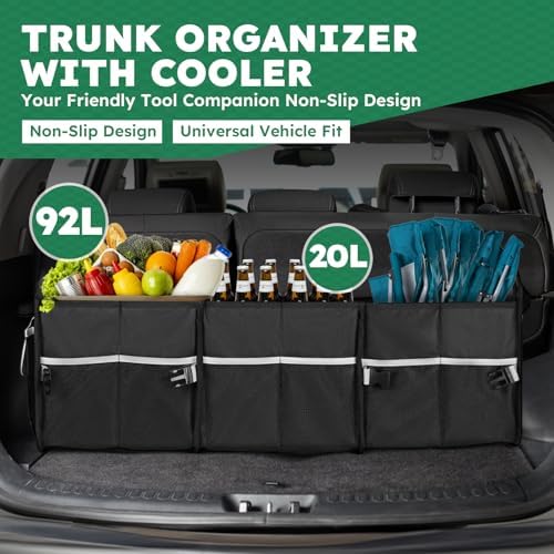 112L Large Capacity Car Trunk Organizer with 20L Insulated Fresh-Keeping Bag, Heavy-Duty 600D Waterproof Oxford Collapsible Storage for SUV, Sedan, Truck, 2 Securing Hooks & Reflective Strips