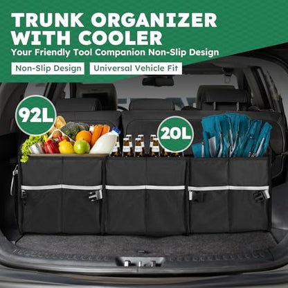 112L Large Capacity Car Trunk Organizer with 20L Insulated Fresh-Keeping Bag, Heavy-Duty 600D Waterproof Oxford Collapsible Storage for SUV, Sedan, Truck, 2 Securing Hooks & Reflective Strips