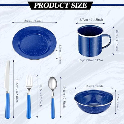 Nuogo 48 Pcs Camping Dinnerware Enamel Mugs Plates Bowls Utensils, Blue