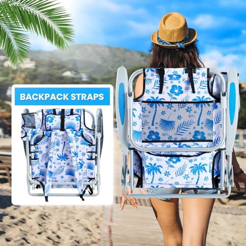 2 Pack Lightweight Portable Camping Beach Chair for Adults, Outdoor Lay Flat Folding Beach Chairs with 5 Positions, Backpack Beach Chair with Towel Bar, Zipper Pouch, Blue Coconut Tree