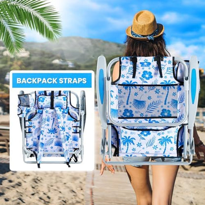 2 Pack Lightweight Portable Camping Beach Chair for Adults, Outdoor Lay Flat Folding Beach Chairs with 5 Positions, Backpack Beach Chair with Towel Bar, Zipper Pouch, Blue Coconut Tree