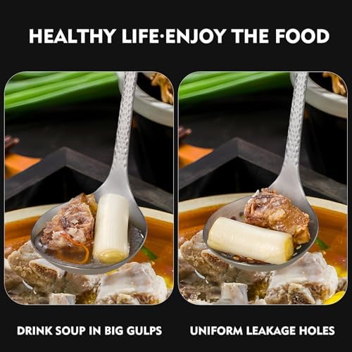 ZING TTI Titanium Ladle Set, Reusable Metal Hot Pot Ladle with Slotted Spoon, Fish Scale Texture Design for Stirring & Serving Soup, 2-Piece Kitchen Utensils (10.4 Inch)