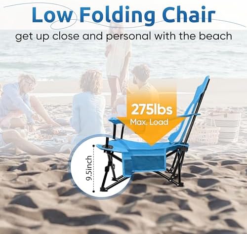 HaSteeL Low Beach Chairs, Folding Camping Lawn Chair for BBQ - Blue