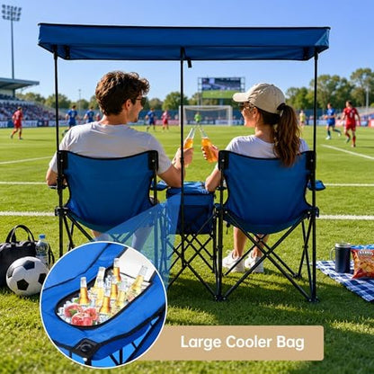 Double Beach Chair with Canopy Shade Oversized Camping Chairs with Canopy, Cooler Bag & Cup Holder Folding Loveseat for Camp Fishing Beach